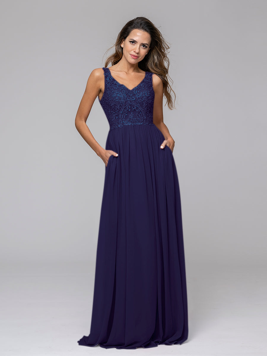 Applique V Neck Keyhole Back A Line Bridesmaid Dresses