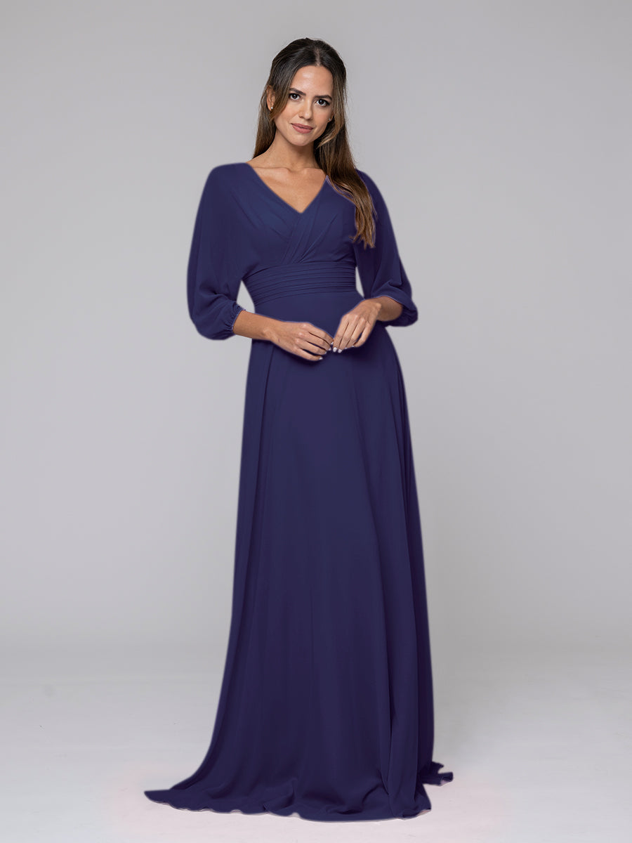 3/4 Lantern Sleeve V Neck Chiffon A Line Bridesmaid Dresses