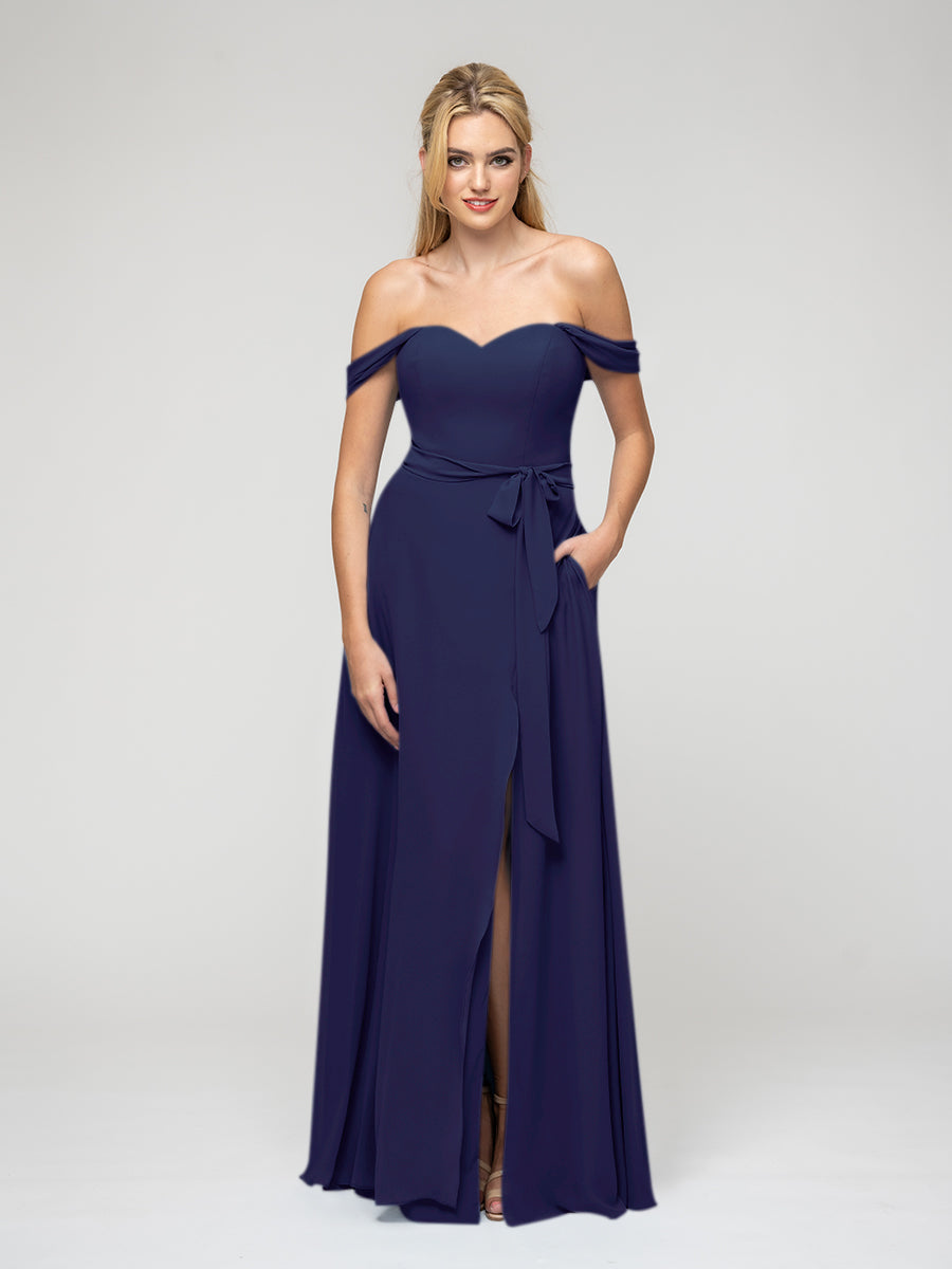 Slit A Line Chiffon Off The Shoulder Bridesmaid Dresses