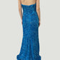 Ocean Blue Velvet Sequin Strapless Fitted Prom Dresses