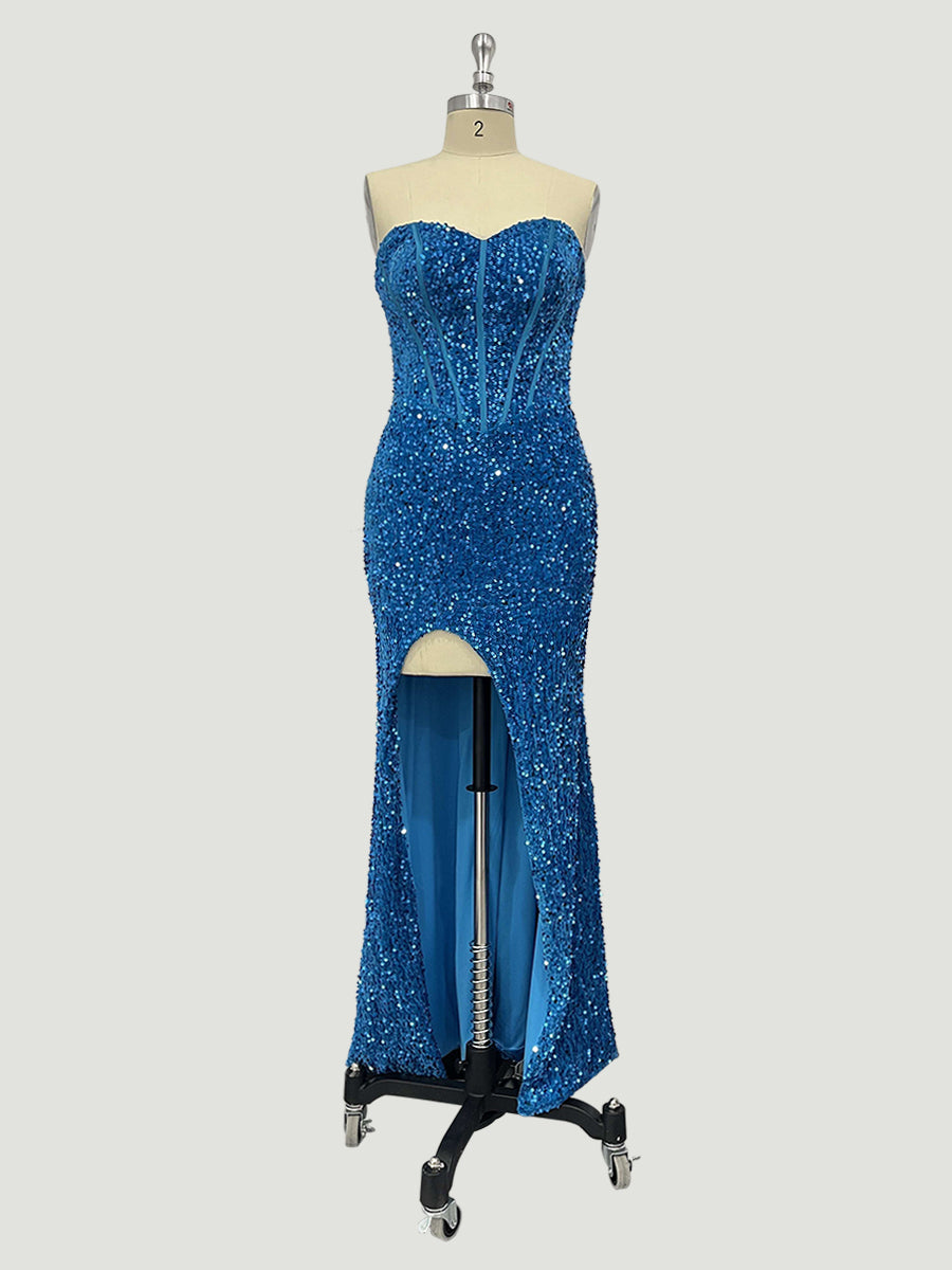Ocean Blue Velvet Sequin Strapless Fitted Prom Dresses