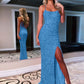 Sheath Spaghetti Straps Sleeveless Long Velvet Sequin Prom Dress