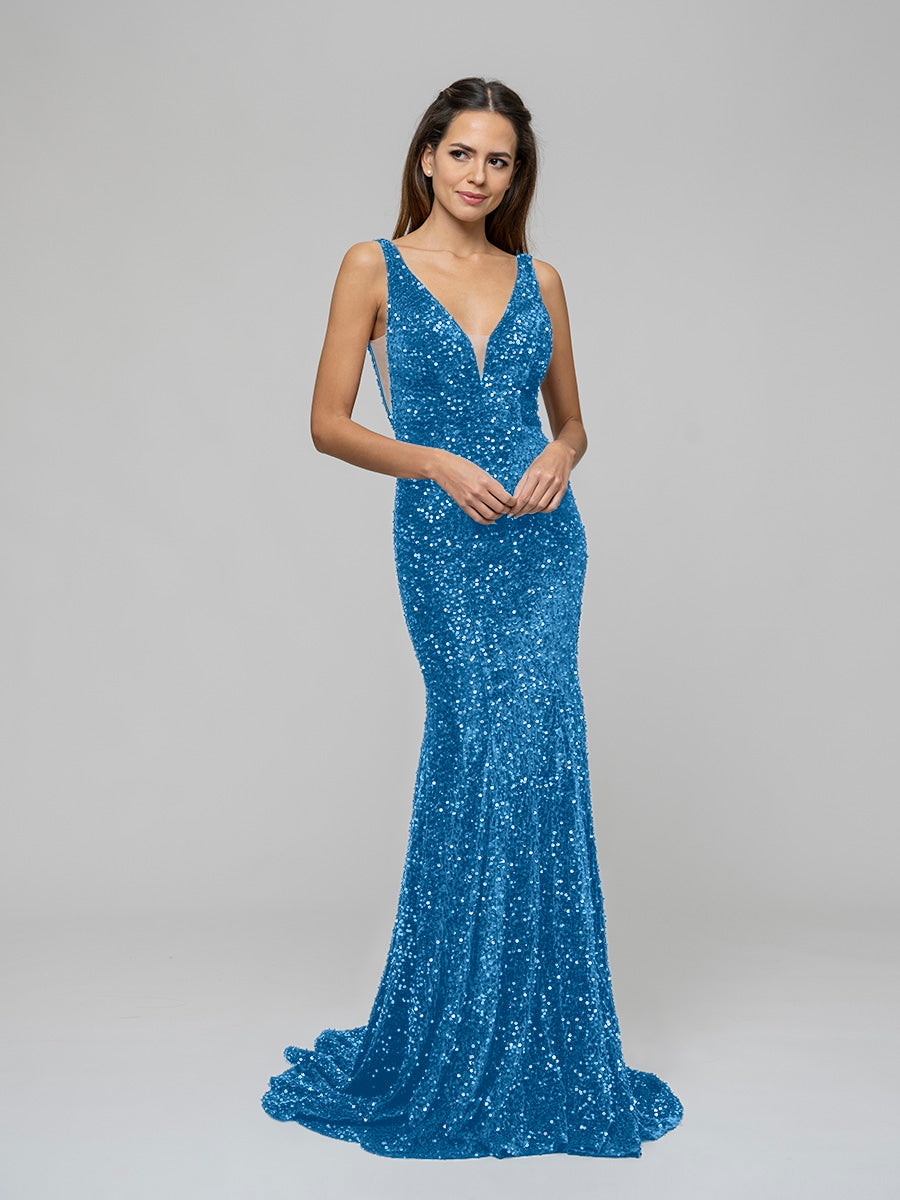 Emerald Velvet Sequin Fitted Sweep Train Prom Dresses