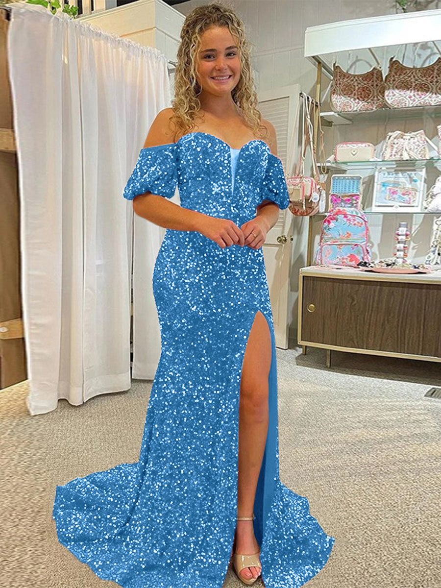 Sheath Off the Shoulder Short Sleeves Long Velvet Sequin Prom Dress