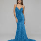 Glittler Tulle Sequin Fitted Prom Dresses With Spaghetti Strap