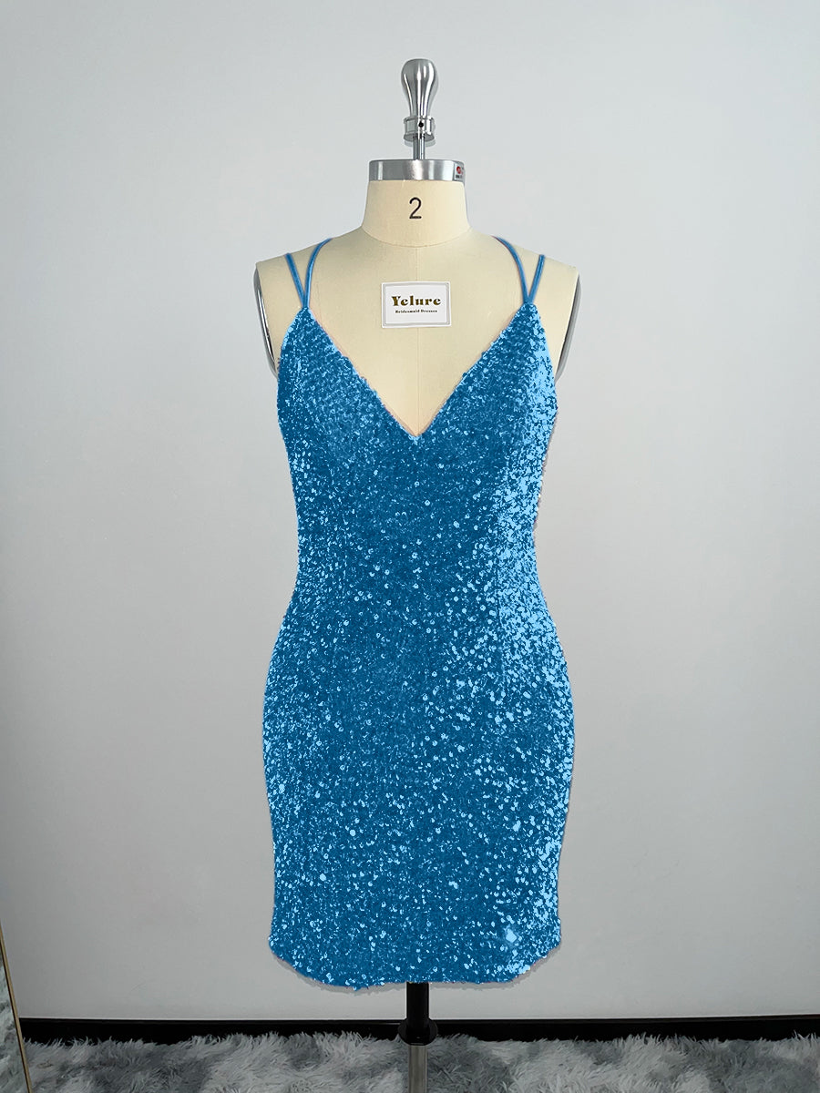 Velvet Sequin V Neck Tight Homecoming Dresses With Criss Corss Back