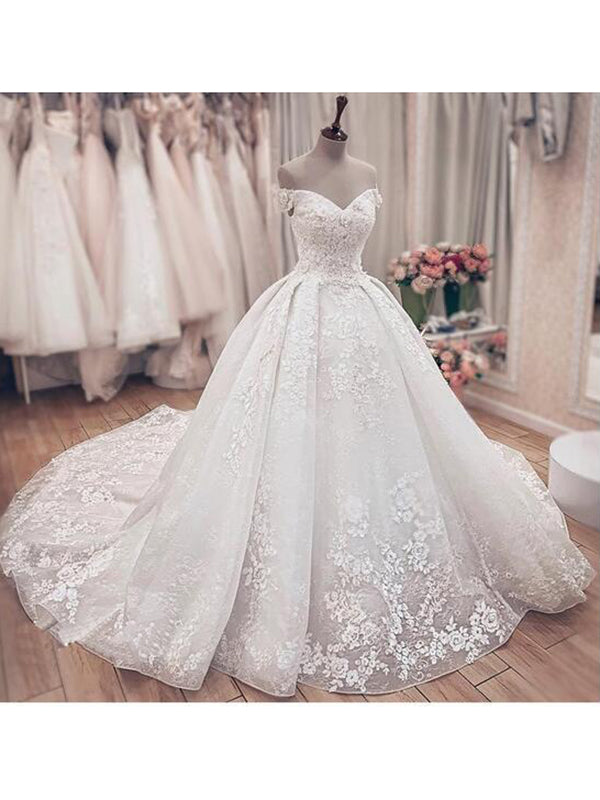 Sweetheart Off The Shoulder Ball Gown Wedding Dresses With Chapel Train