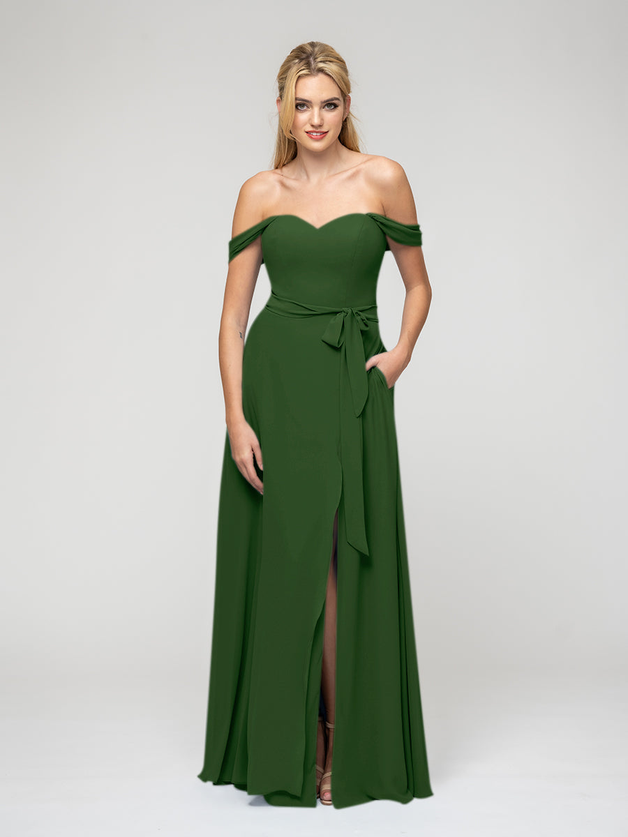 Slit A Line Chiffon Off The Shoulder Bridesmaid Dresses