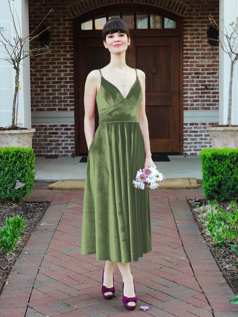 Glamorous A Line Tea Length Velvet Bridesmaid Dresses