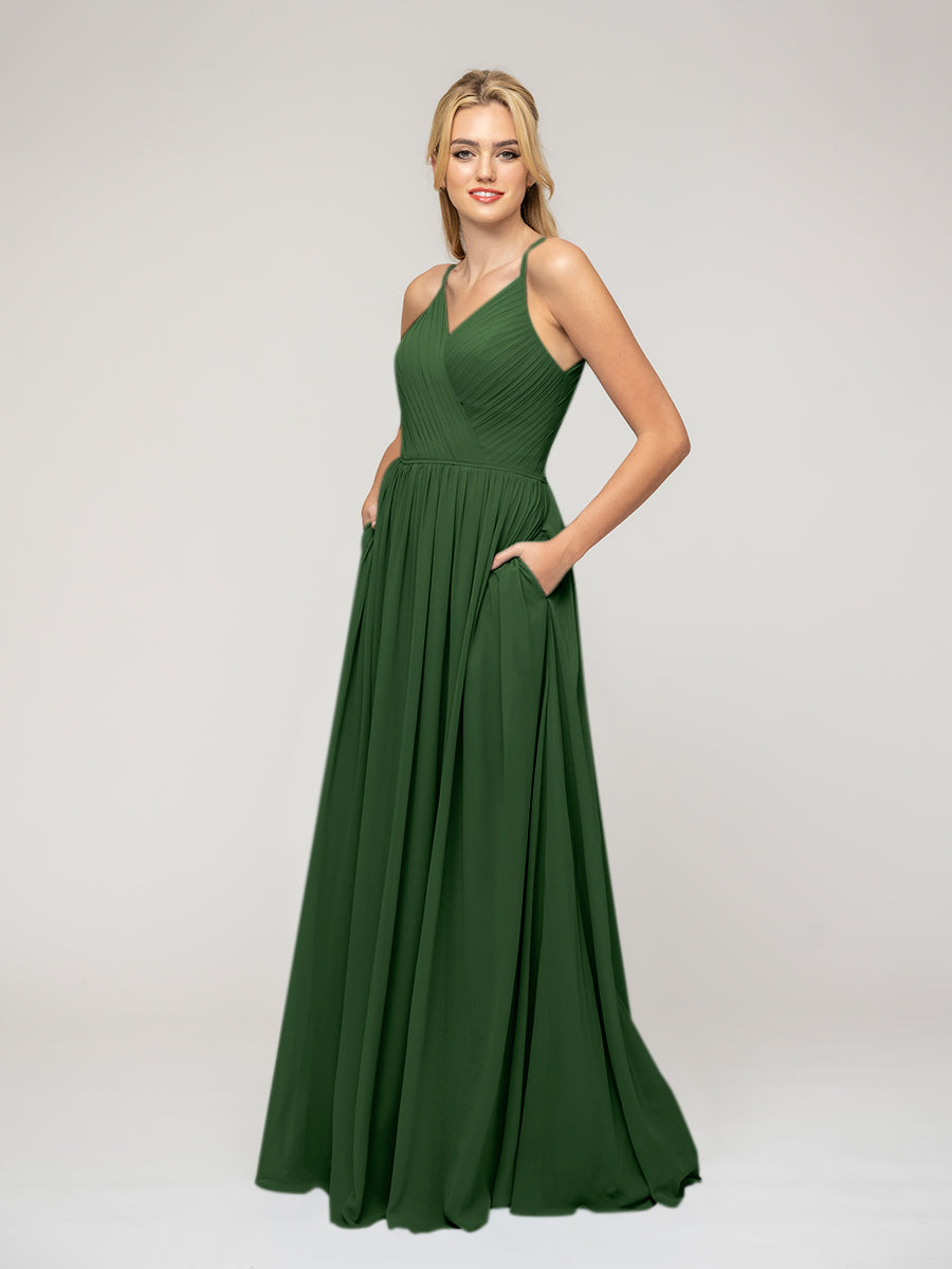 A Line Keyhole Back Chiffon Spaghetti Straps Bridesmaid Dresses