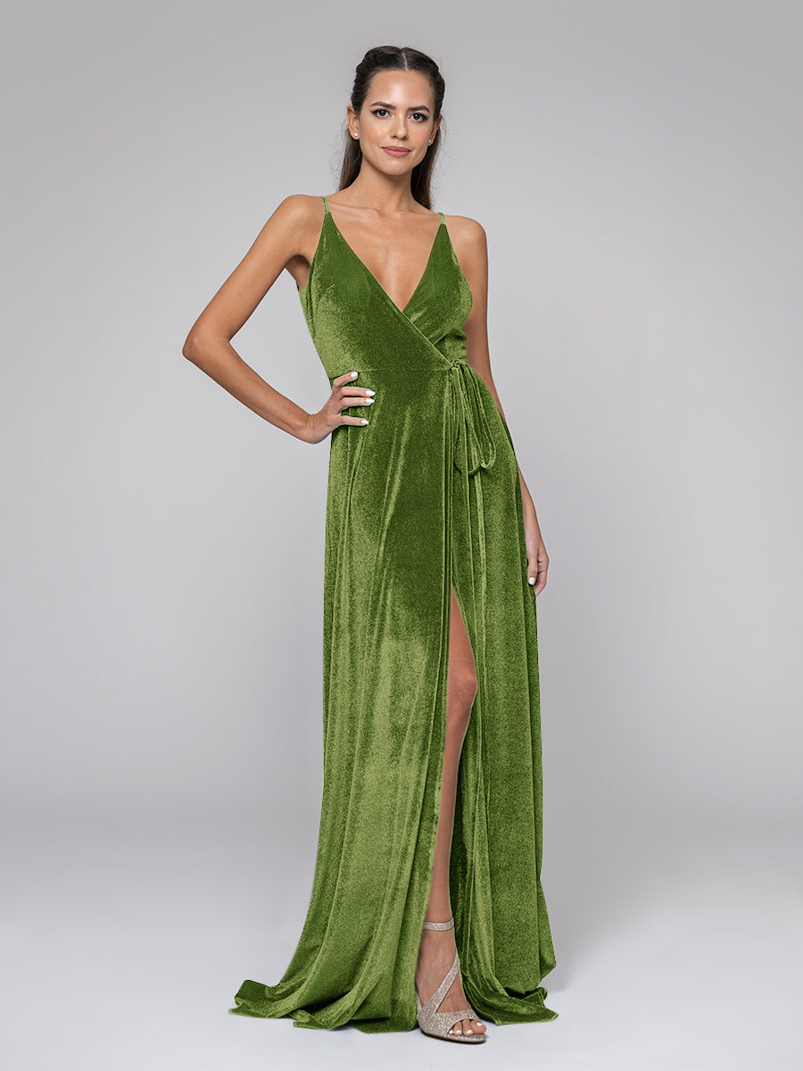 Plunging V Neckline Front Slit Velvet Long Bridesmaid Dresses