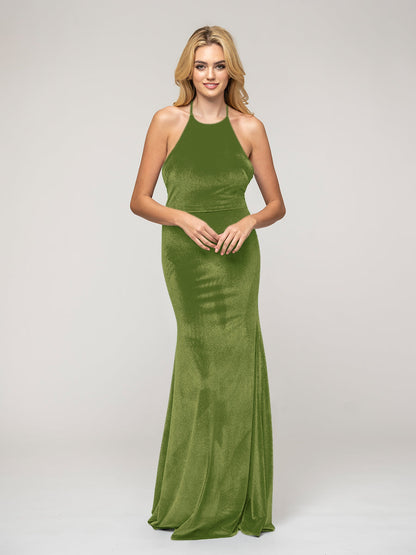 Mermaid Velvet Long Bridesmaid Dresses With Halter Neck
