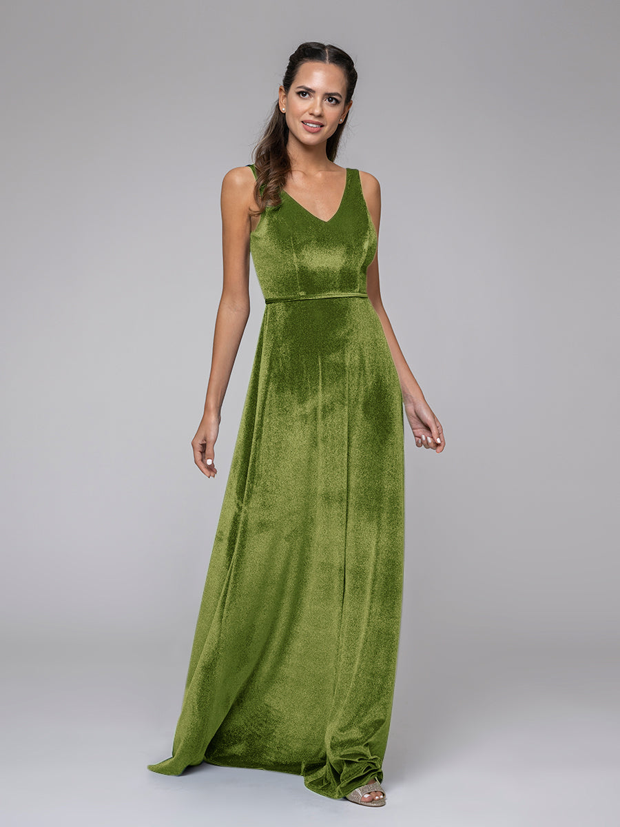 Velvet V Neck Straps A Line Long Bridesmaid Dresses