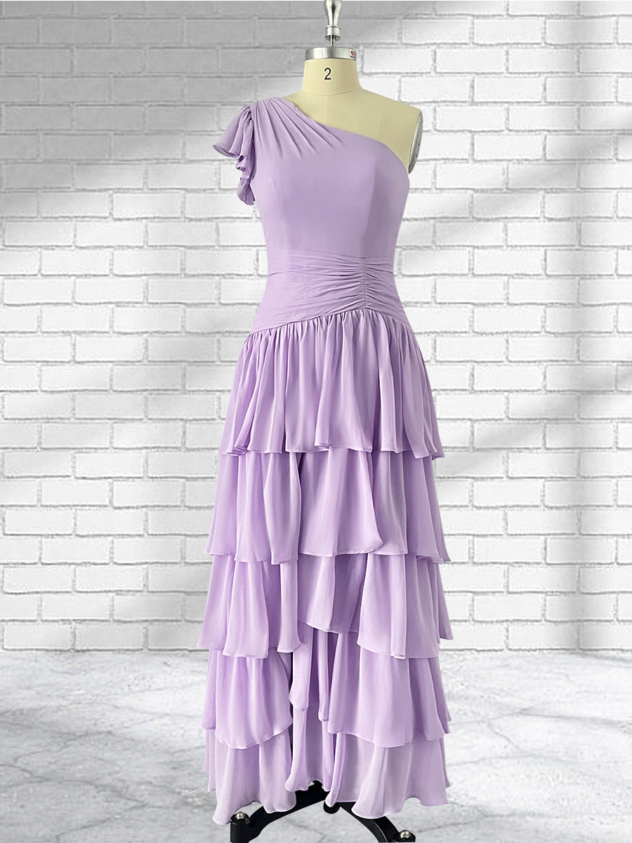 One Shoulder Chiffon Tiered Skirt Bridesmaid Dresses