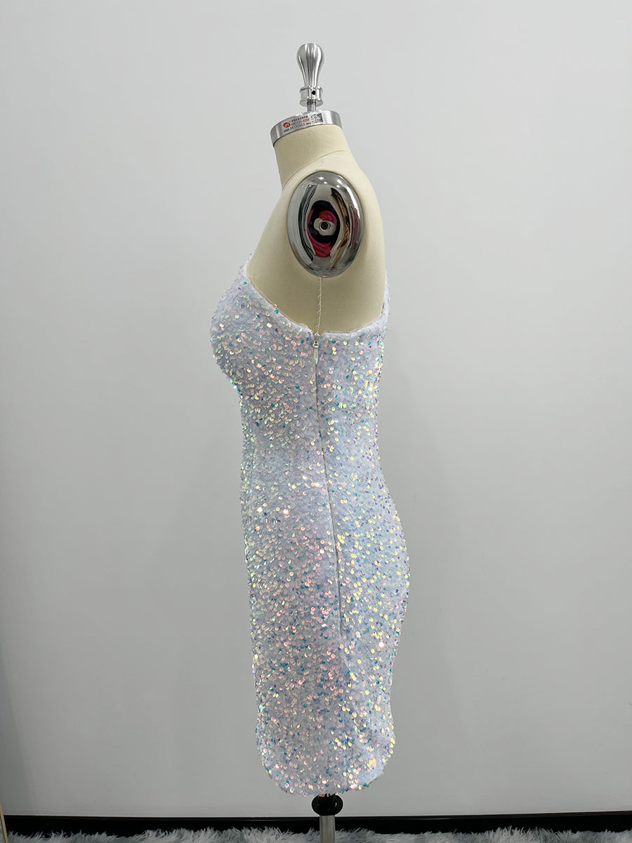 Shiny One Shoulder Velvet Sequin Sheath Homecoming Dresses