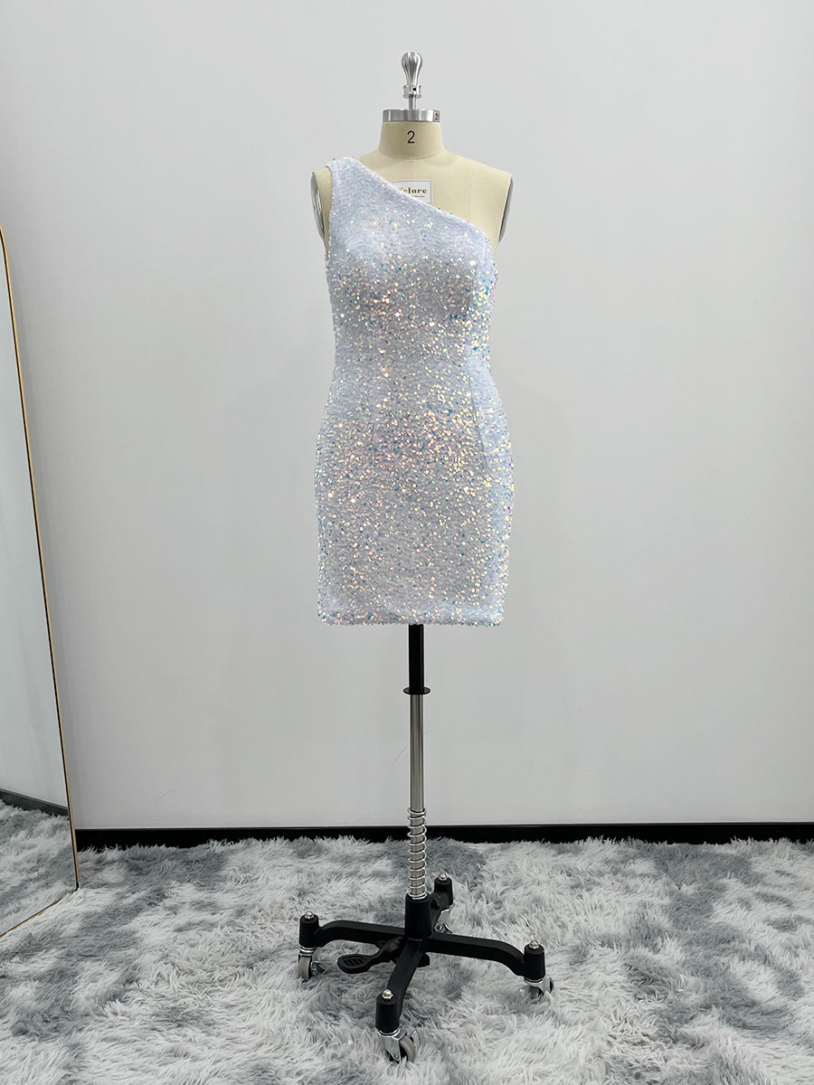 Shiny One Shoulder Velvet Sequin Sheath Homecoming Dresses
