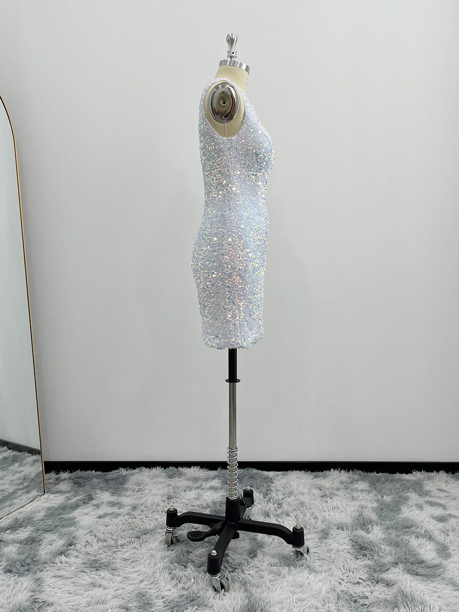 Shiny One Shoulder Velvet Sequin Sheath Homecoming Dresses