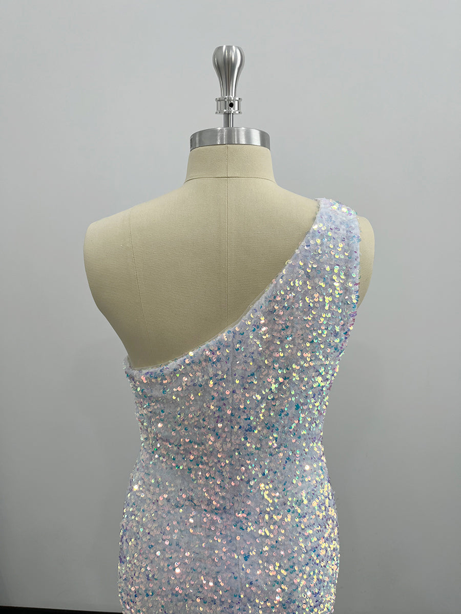 Shiny One Shoulder Velvet Sequin Sheath Homecoming Dresses