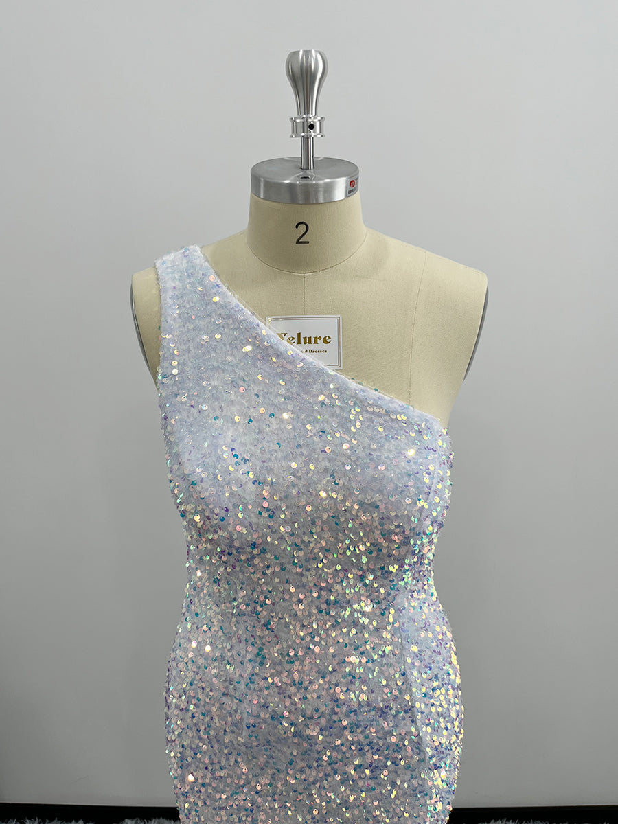 Shiny One Shoulder Velvet Sequin Sheath Homecoming Dresses