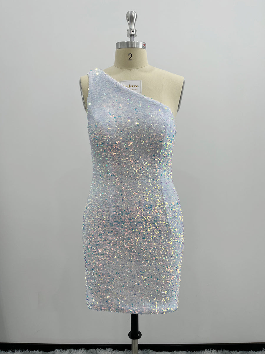 Shiny One Shoulder Velvet Sequin Sheath Homecoming Dresses