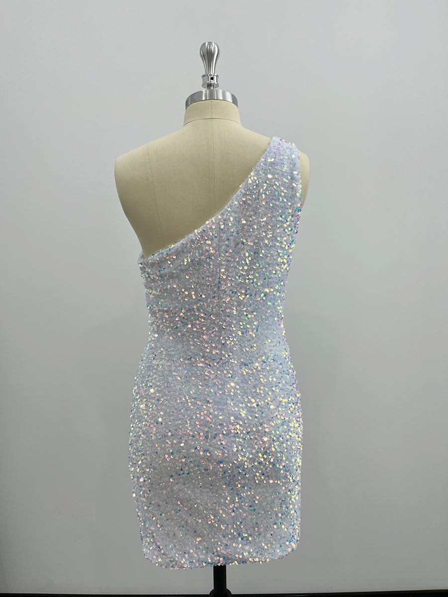 Shiny One Shoulder Velvet Sequin Sheath Homecoming Dresses