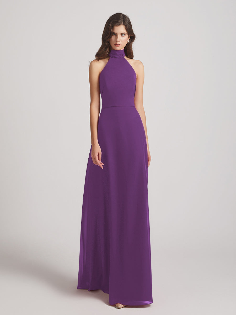 High Neck Chiffon Bridesmaid Dresses With Ribbons