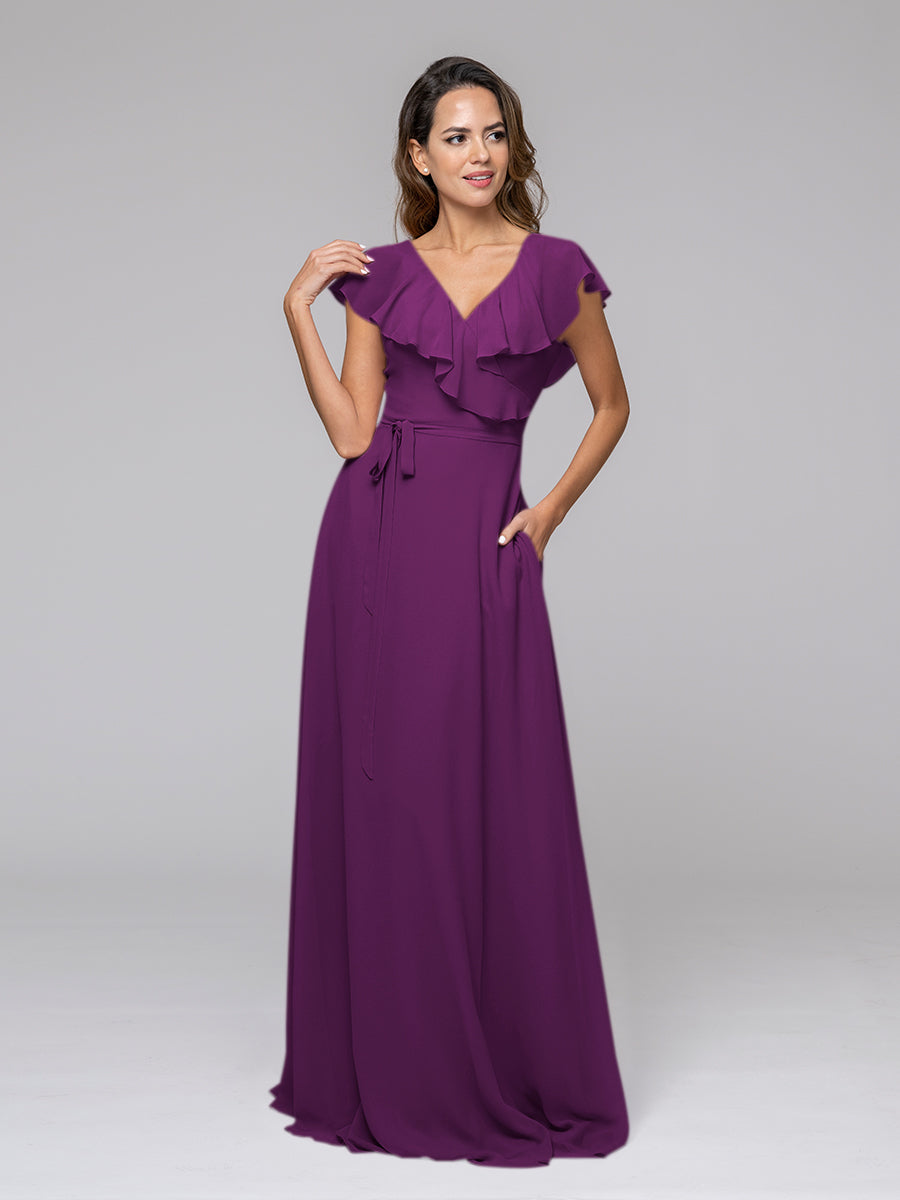 Ruffle Sleeve V Neck Belt Bridesmaid Dresses For Wedding