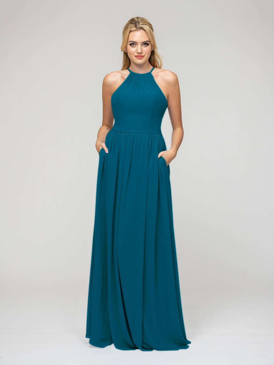 Pleats Bodice Chiffon Halter A Line Bridesmaid Dresses