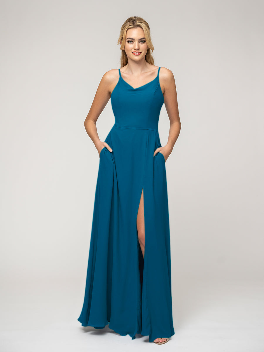 Cowl Neckline Chiffon Spaghetti Straps Bridesmaid Dresses