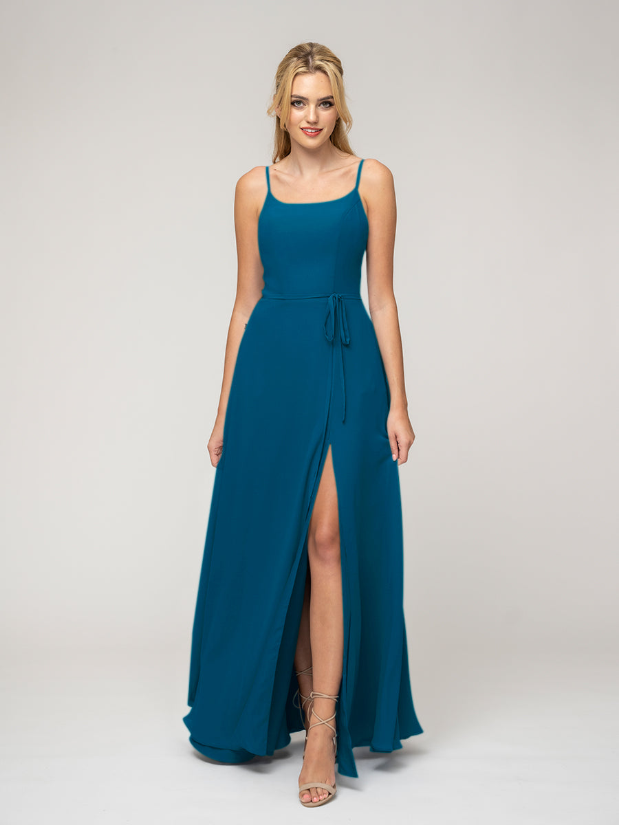 A Line Scoop Neckline Chiffon Slit Belt Bridesmaid Dresses