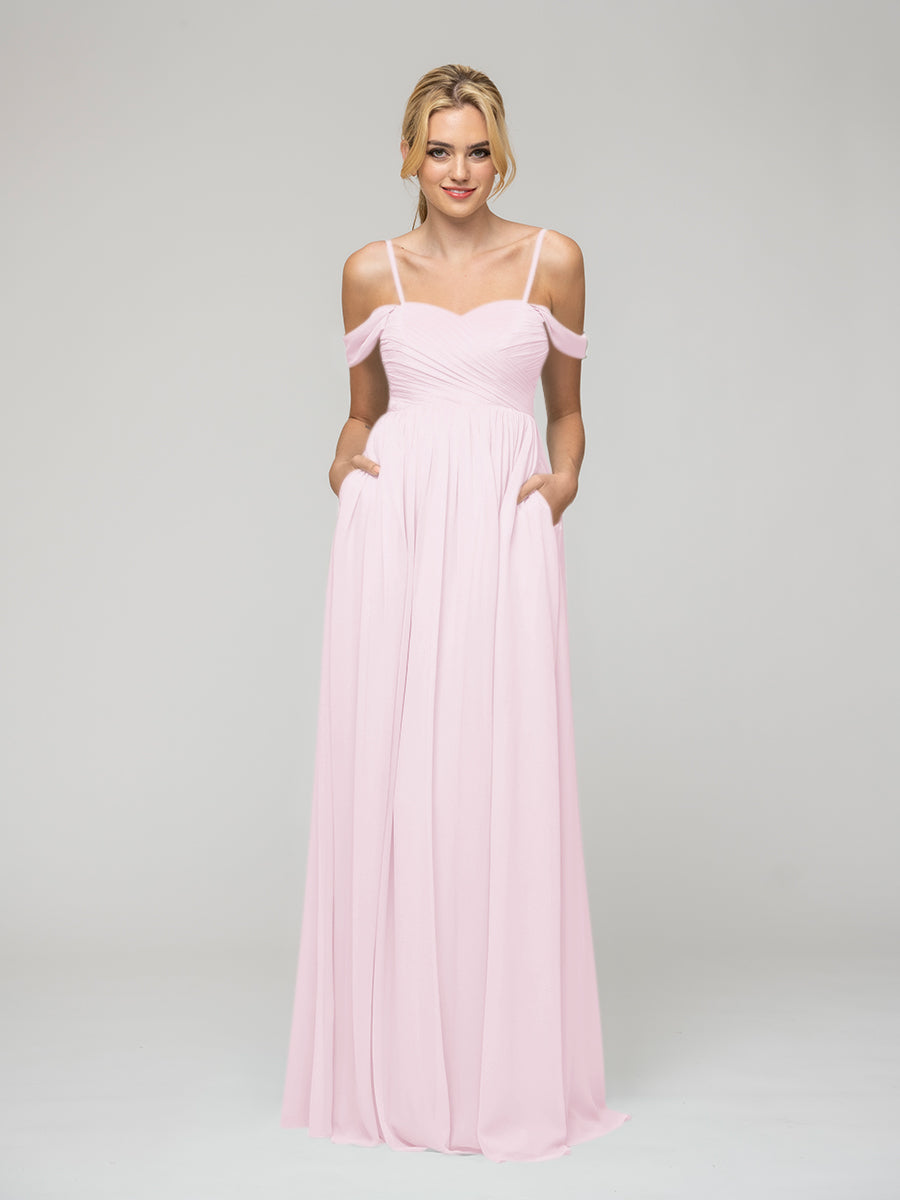 Cold Shoulder Chiffon Bridesmaid Dresses With Draped Bodice