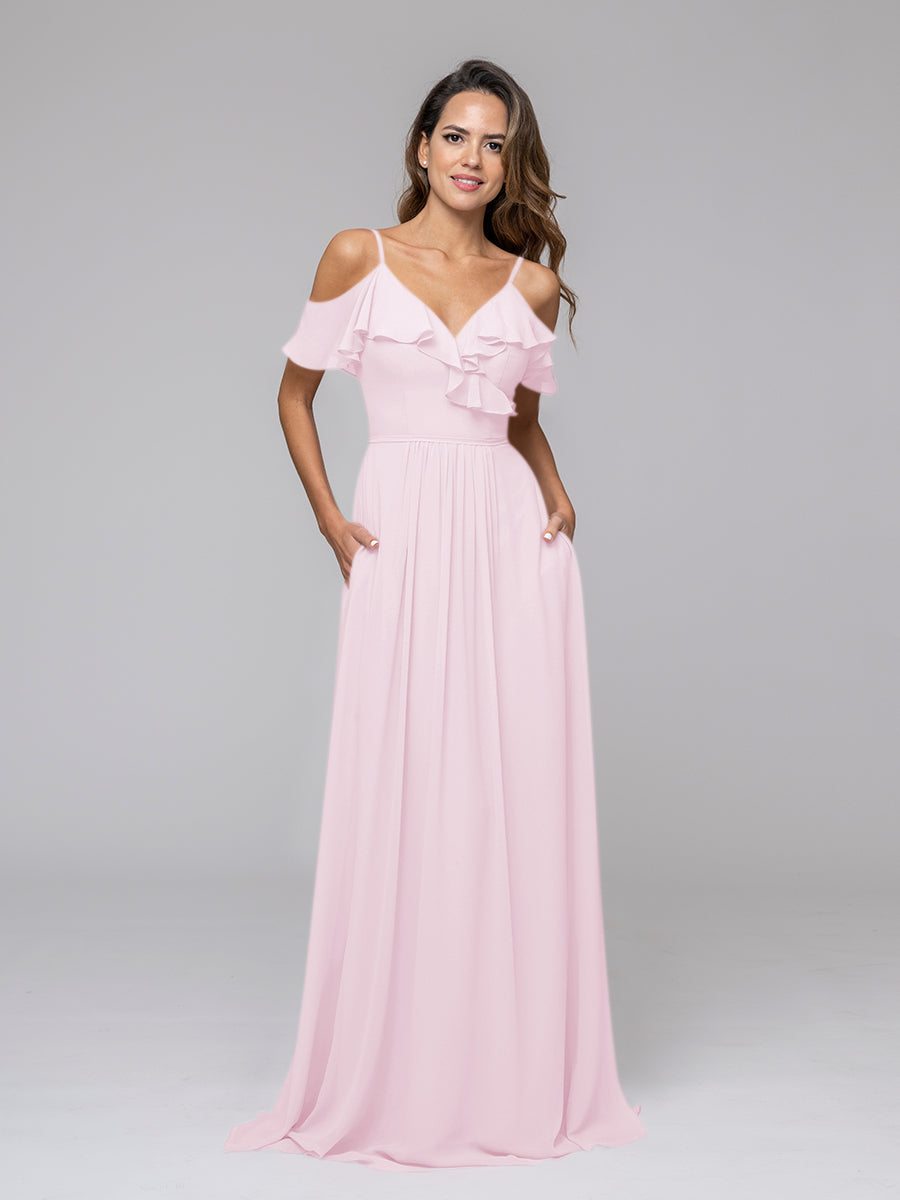 Cold Shoulder Open Back Chiffon Ruffles Long Bridesmaid Dresses