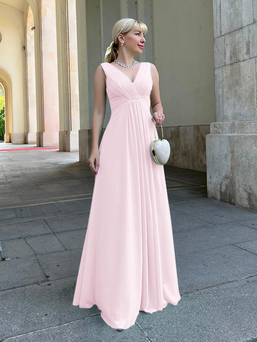 Straps Draped V-Neck Shirred Chiffon A Line Bridesmaid Dresses