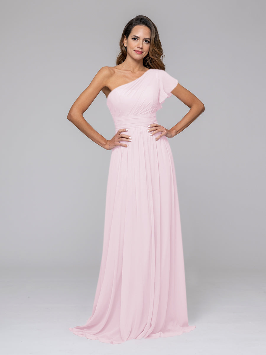 A Line One Shoulder Chiffon Flutter Sleeve Bridesmaid Dresses