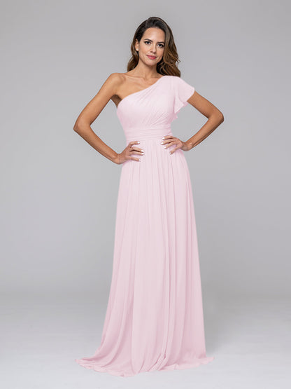 A Line One Shoulder Chiffon Flutter Sleeve Bridesmaid Dresses