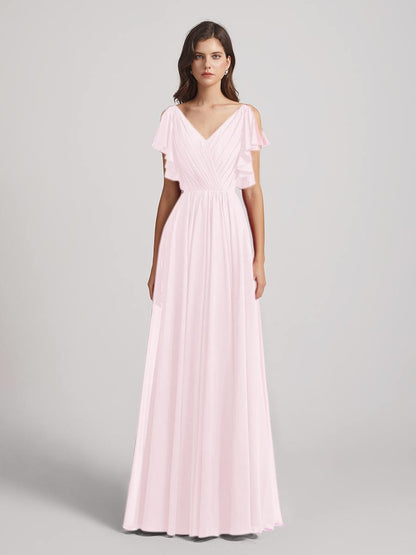 Open Flutter Sleeve Pleated Bodice A Line Bridesmaid Dresses