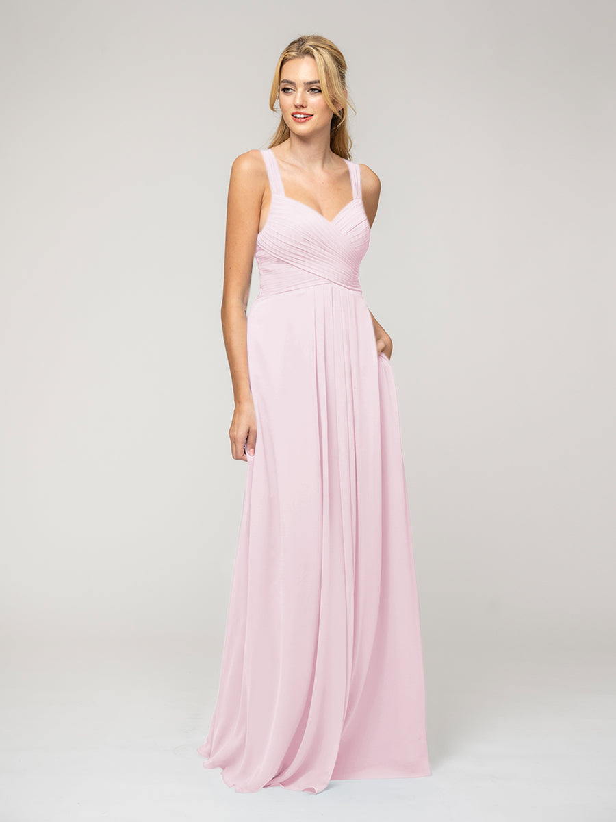 A Line Sweetheart Neckline Chiffon Straps Bridesmaid Dresses With Ribbon