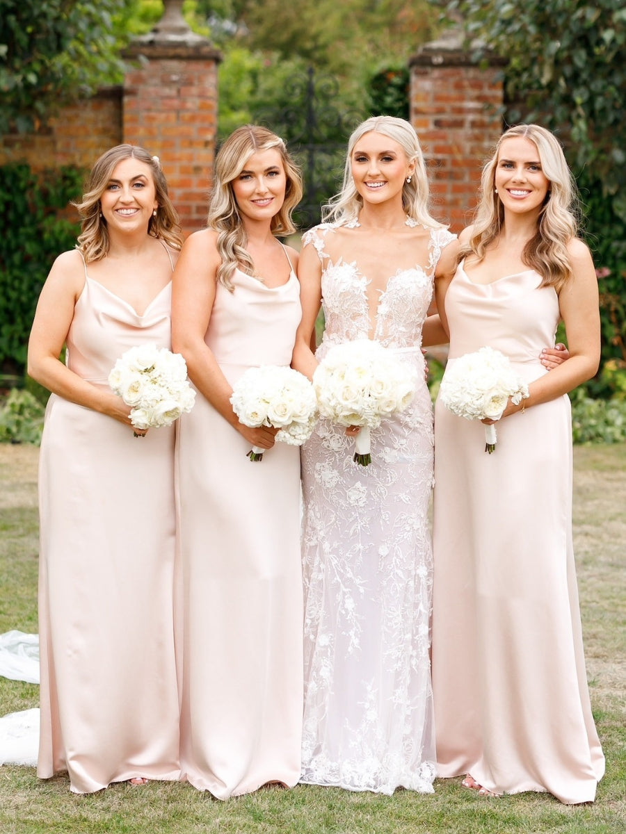 Pink Champagne Thin Strap Cowl Neckline Long Solid Satin Slip Dresses