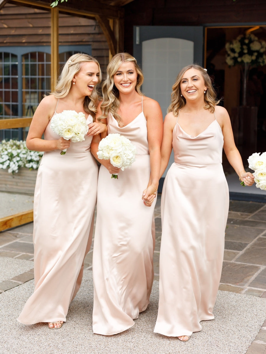 Pink Champagne Thin Strap Cowl Neckline Long Solid Satin Slip Dresses