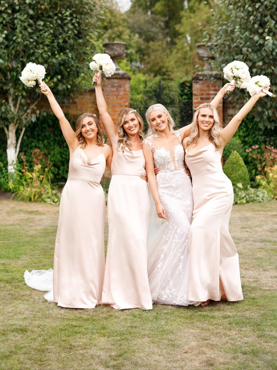 Pink Champagne Thin Strap Cowl Neckline Long Solid Satin Slip Dresses
