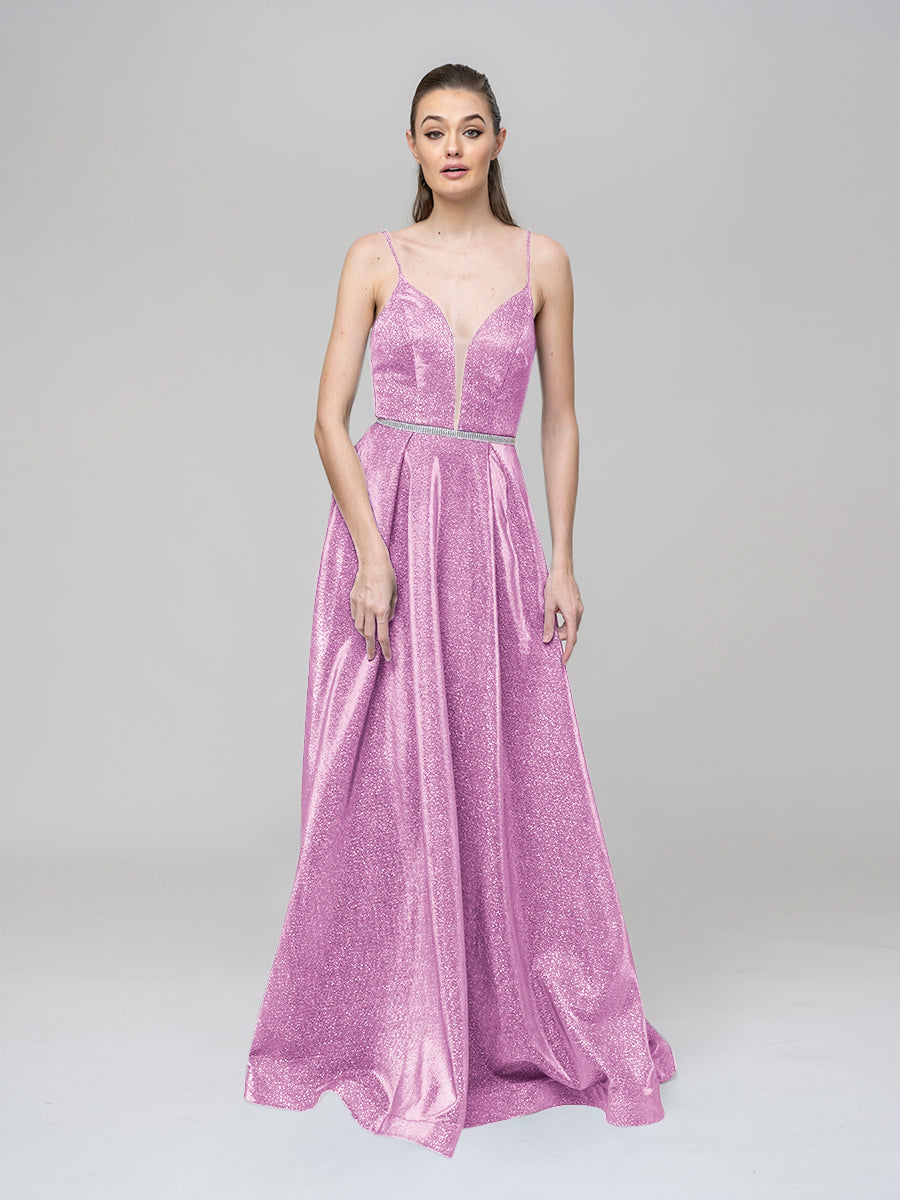 Plunging V Neck Criss Cross Back A Line Prom Dresses