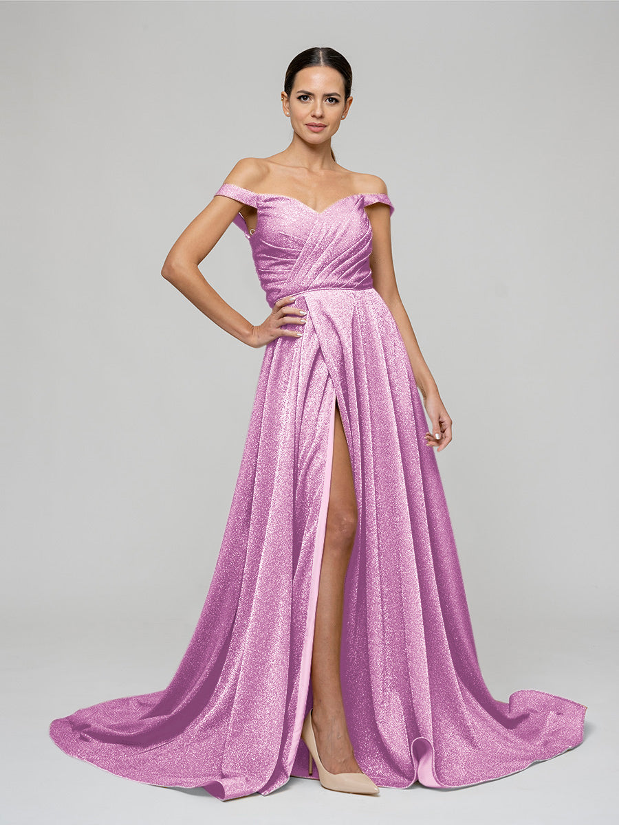 Off The Shoulder A Line Prom Dresses With Front Slit