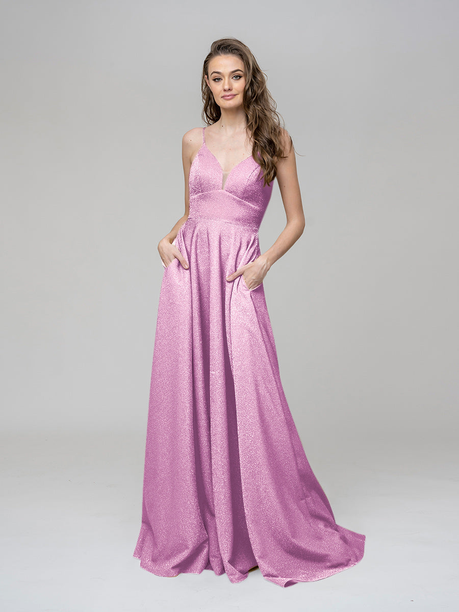 Metallic Glitter V Neck A Line Prom Dresses With Pockets