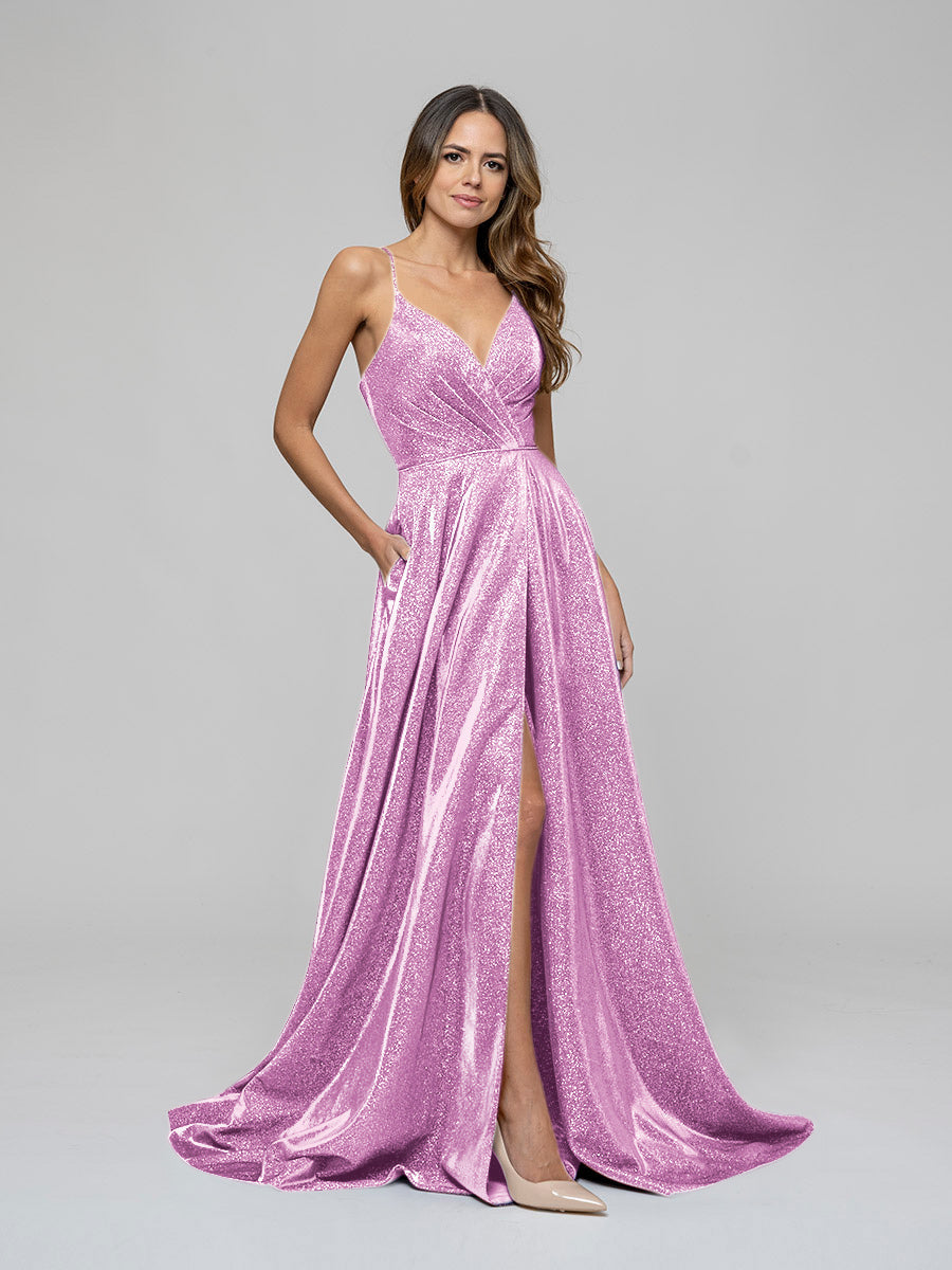 Plunging V Neck Ruched A Line Prom Dresses