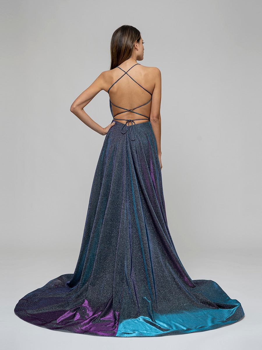 Pockets A Line Halter Prom Dresses With Criss Cross Back