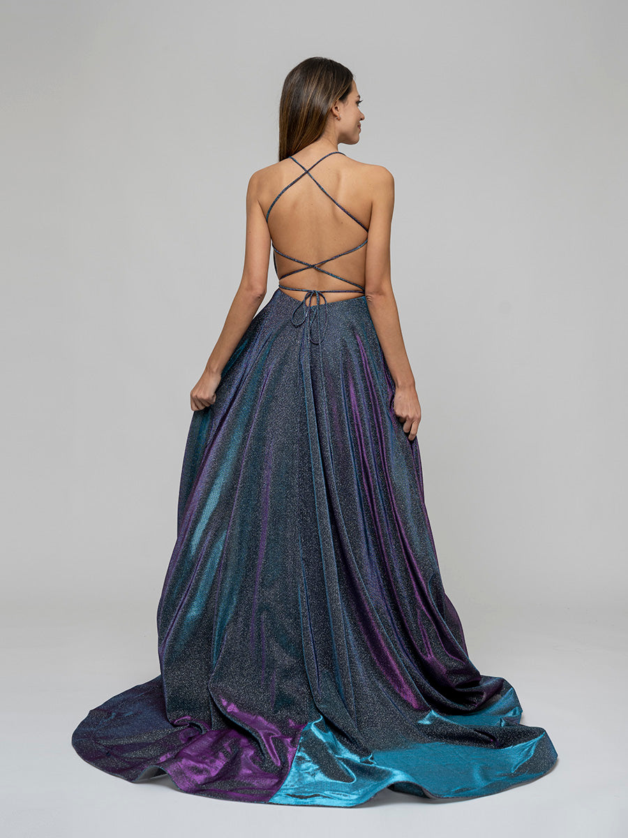 Pockets A Line Halter Prom Dresses With Criss Cross Back