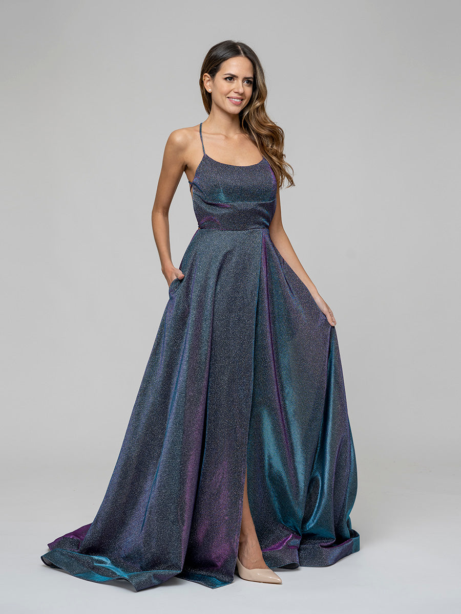Pockets A Line Halter Prom Dresses With Criss Cross Back