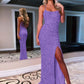 Sheath Spaghetti Straps Sleeveless Long Velvet Sequin Prom Dress