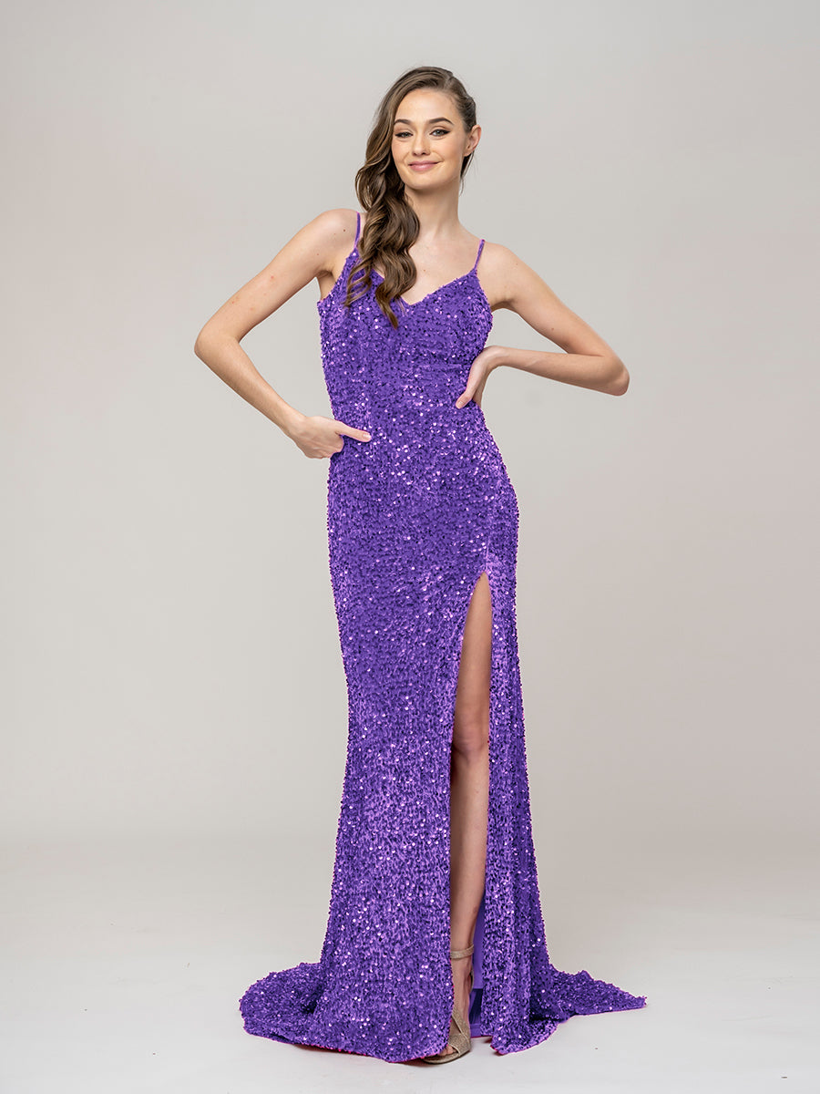 Spaghetti Strap Open Back Sequin Fitted Prom Dresses