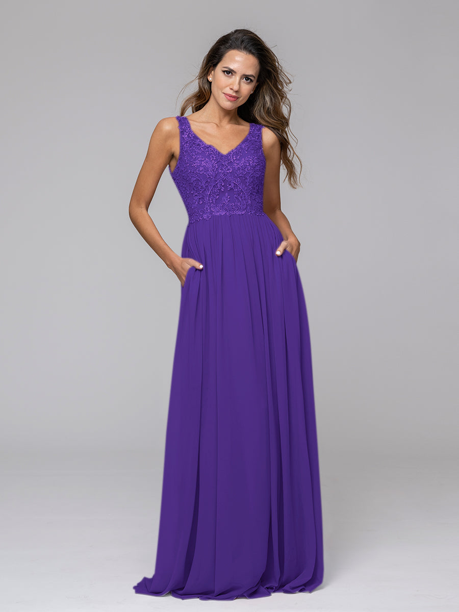 Applique V Neck Keyhole Back A Line Bridesmaid Dresses